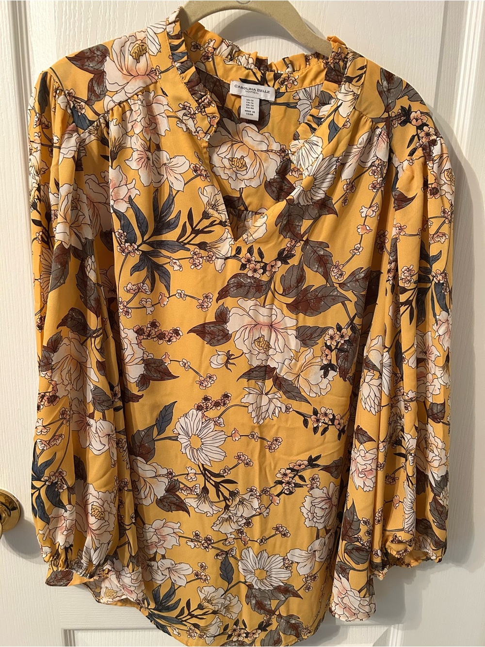 Carolina Belle Mustard Yellow Floral Ruffle Neck Blouse